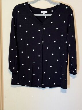 J-Jill Black  Cotton Embroidered Button-Front Polka Dot Lightweight Cardigan